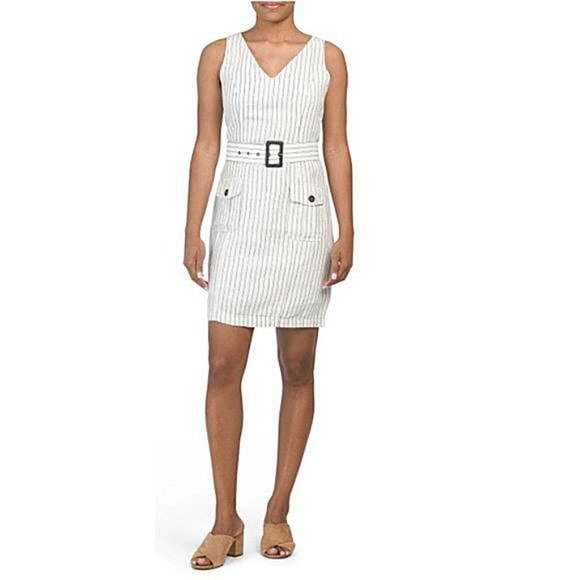Rachel Zoe Size 4 White Striped Linen Blend Sleeveless Belted Dress - Picture 1 of 7